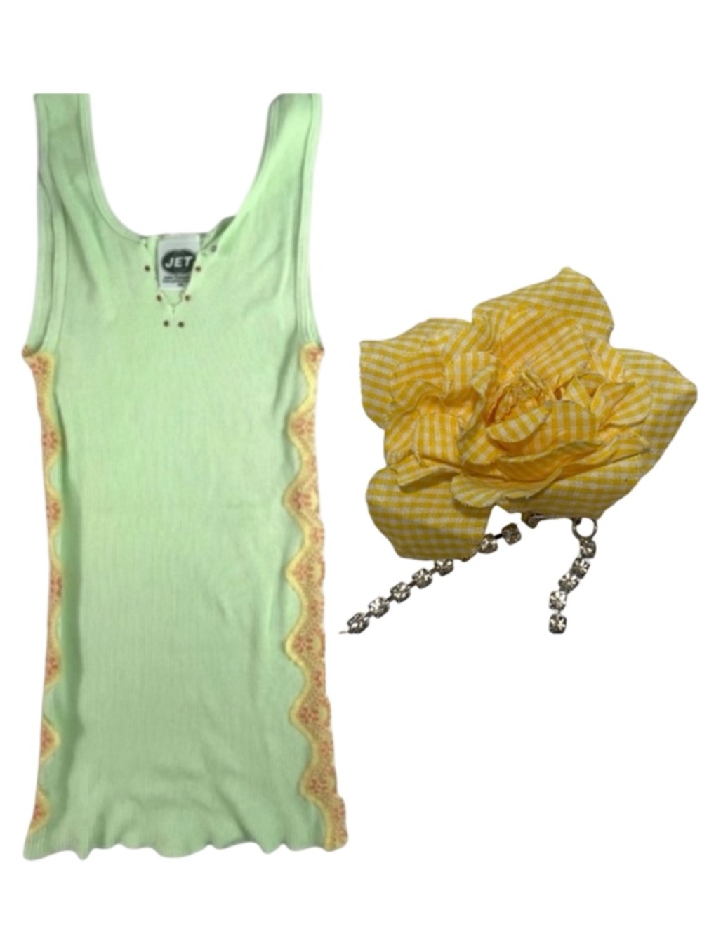 JET by John Eshaya Tank Top Green w Lace, Gingham & Rhinestone Flower Brooch Y2K